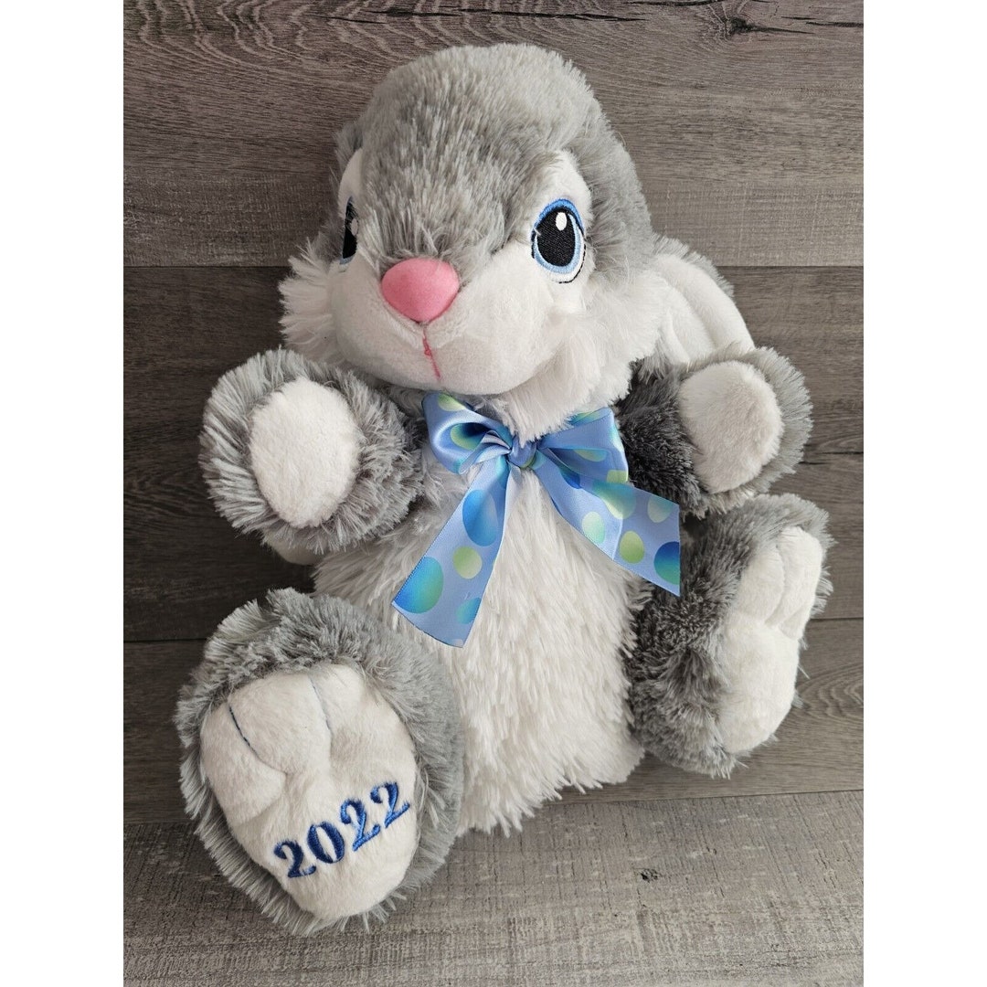 14 Gray Rabbit Plush Easter Bunny Blue Eyes Bow Lovey Stuffed Animal ...