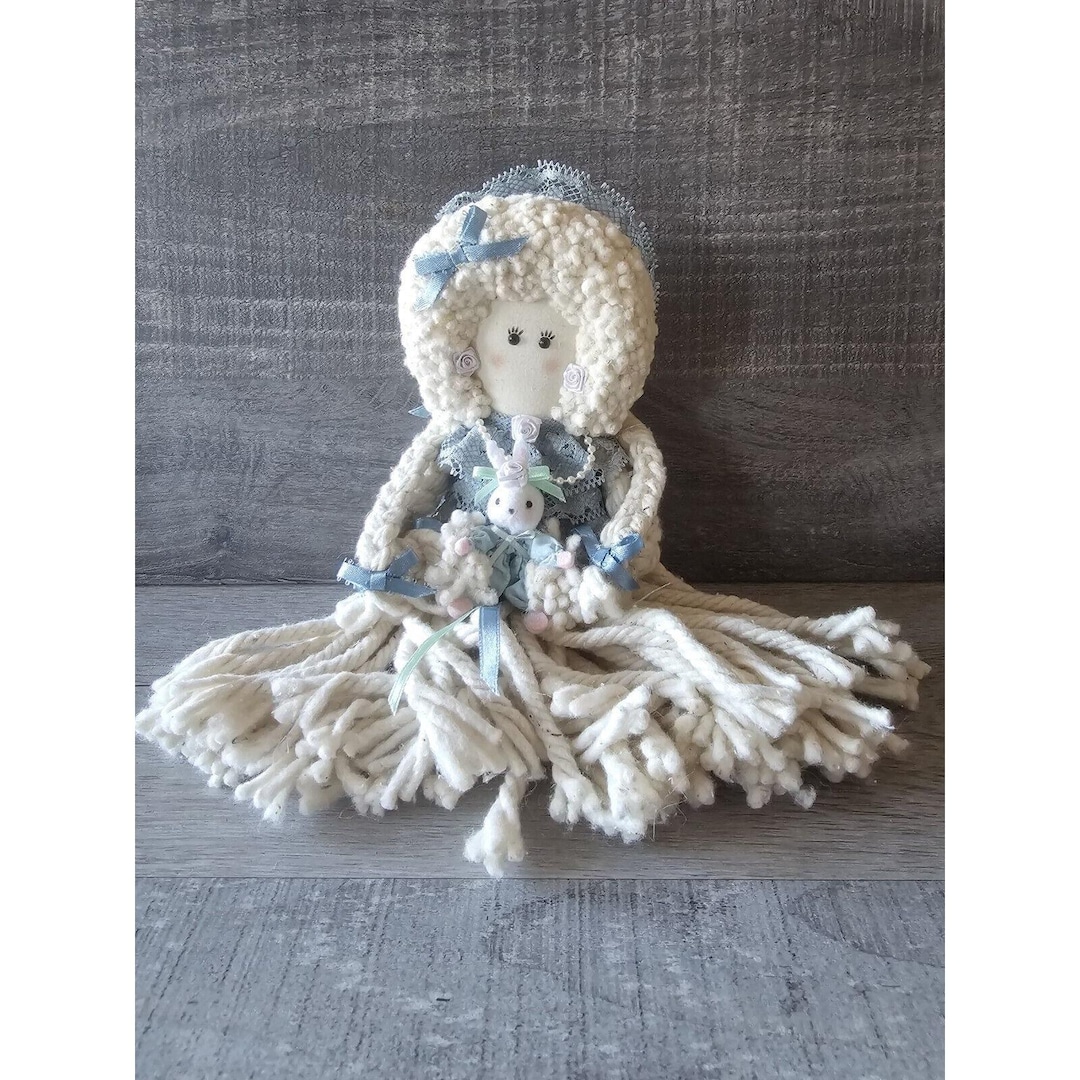 Vtg Doll Yarn Rope Country Rustic Handmade W/ Bunny Rabbit Toy 12