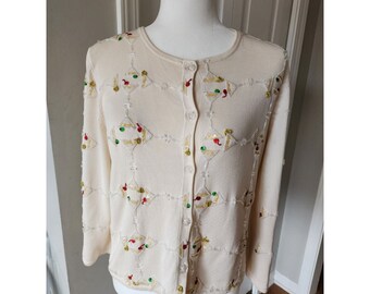 Vintage 2002 Michael Simon White Beaded Cardigan Sweater Size M