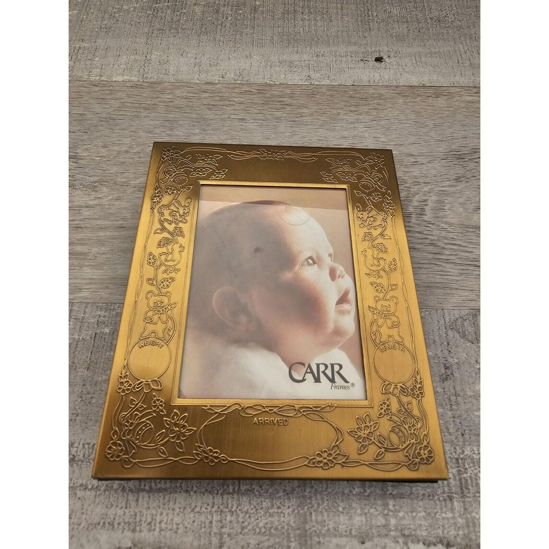 Vintage M.W. Carr and Co. Brass Baby Birth Record Picture Frame 6x5.5