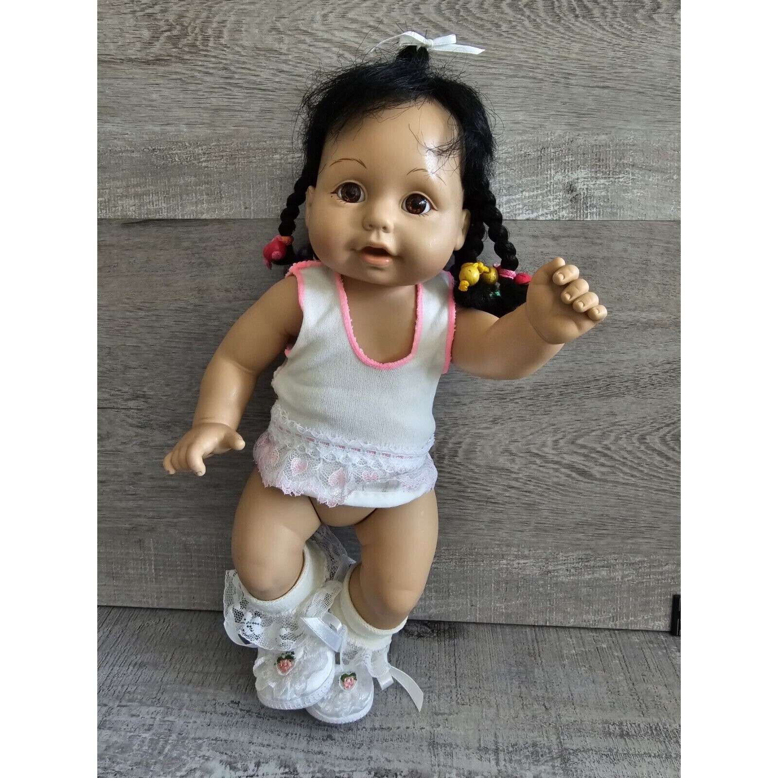 Baby So Beautiful 14” Baby Doll By Playmates 1995 W Braids Brown Eyes Black Hair