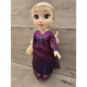 May include: A purple and blue dress with a sparkly design and a blue gem on the bodice. The doll has blonde hair and blue eyes.