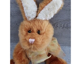 Vintage Carmel Brown Bunny Rabbit Plush Polka Dot Yellow Bow