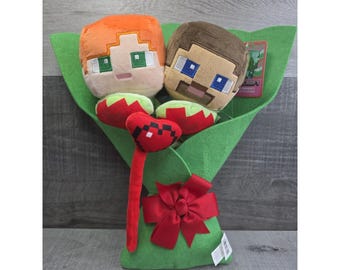 新しいバレンタインのぬいぐるみブーケMinecraftデュオスティーブアレックスぬいぐるみbin17