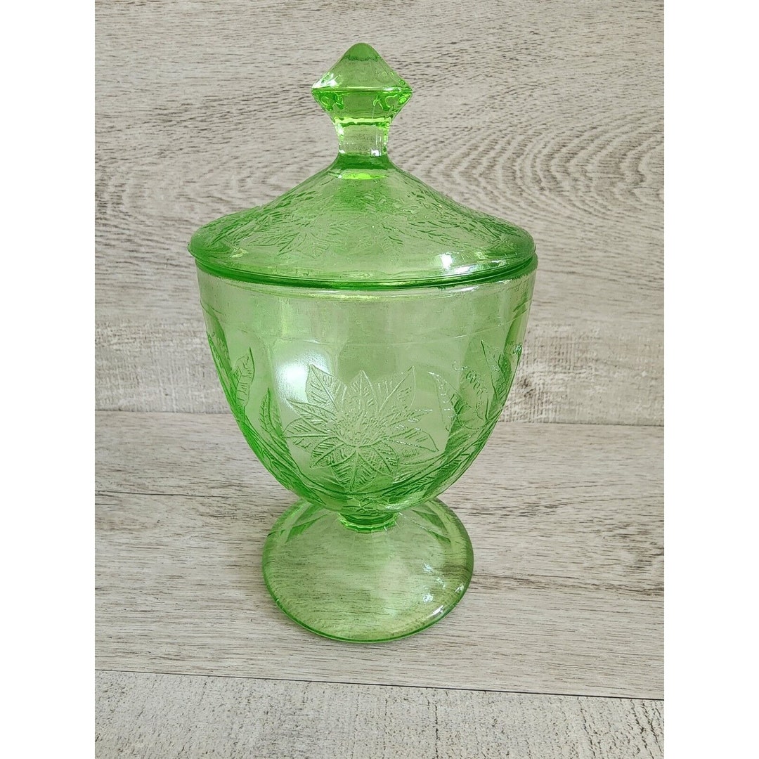 RARE Poinsettia Footed Candy Dish & Lid Floral Green by Etsy