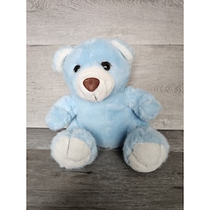Puede incluir: Un oso de peluche azul claro con patas blancas y una nariz marrón. El oso está sentado sobre una superficie de madera.
