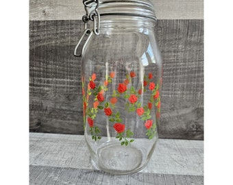 Vintage ARC Rose Flowers Pattern Canister Jar Metal Hinged France 2L