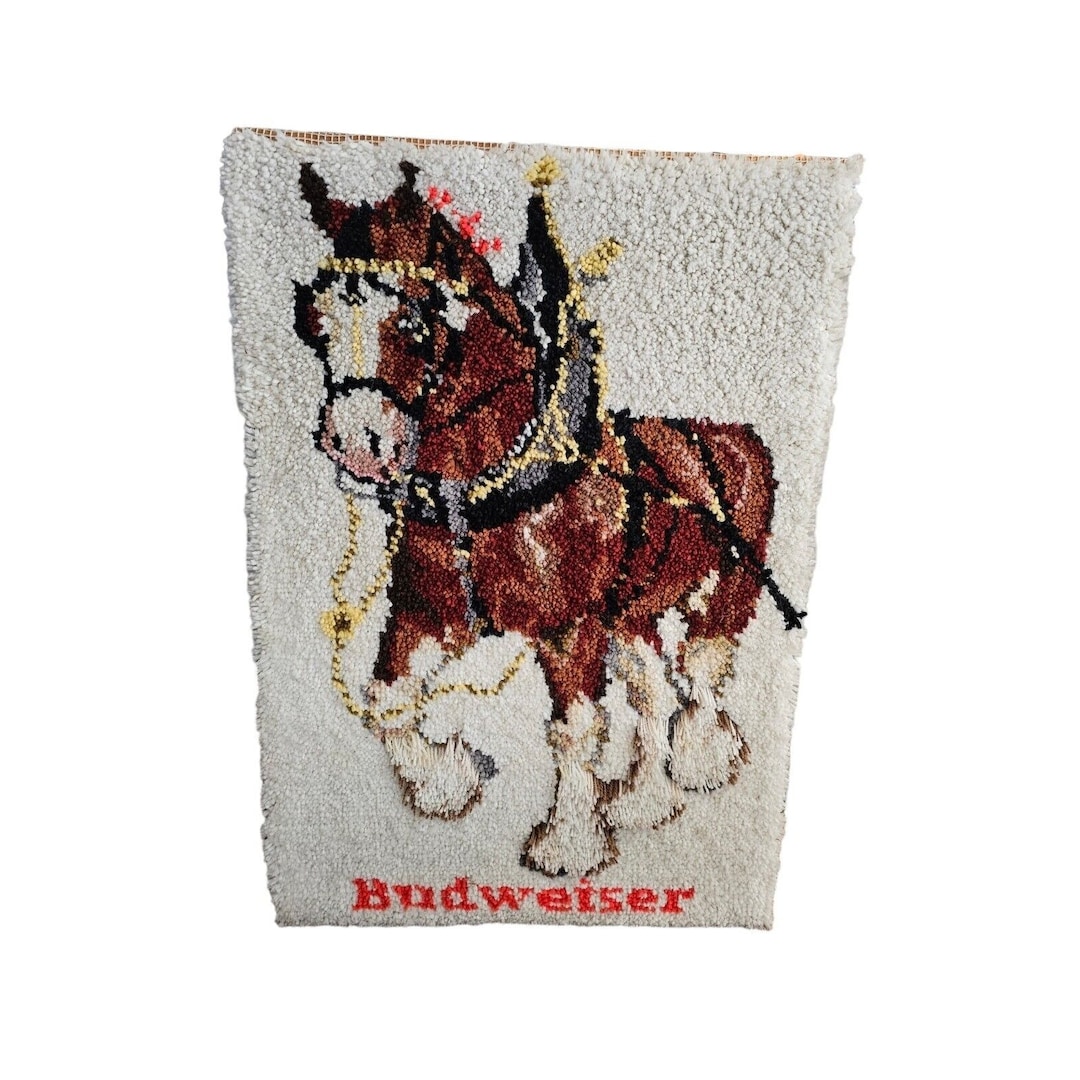 USA製 Budweiser バドワイザー ビンテージ ラグ ブランケット ヴィンテージ レア バドワイザー ビール ホース ラッチフック
