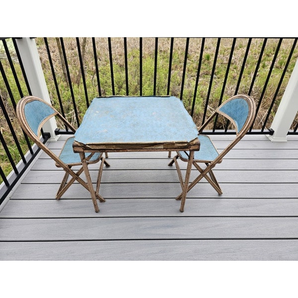 Vintage Mid Century Durham Kids Table Set And 2 Metal Folding Chairs Blue USA 6W