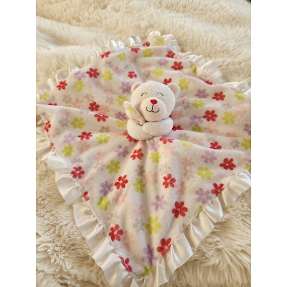 New Carters Baby Blanket Mini Rattle Satin Plush Flowers Bear White Etsy UK