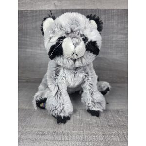 Puede incluir: Un peluche de mapache con pelaje suave y desgreñado en tonos gris y blanco, manchas negras prominentes alrededor de los ojos, una pequeña nariz negra y largos bigotes blancos. El animal de peluche está sentado con patas negras.