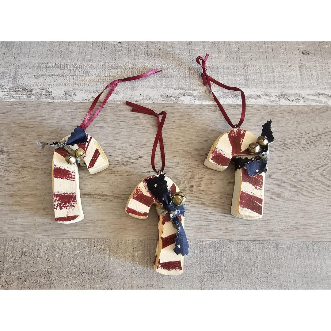 3 Wood Patriotic Candy Cane Christmas Tree Ornaments Red White Striped ...