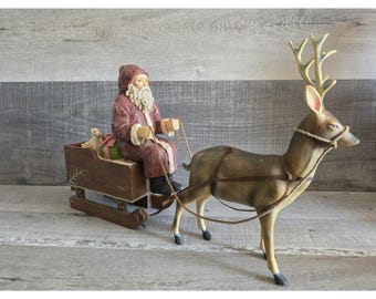 Large Santa Sleigh Reindeer Vtg Bethany Lowe Christmas Winter Decor 21" G30.1