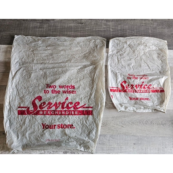 Vintage SERVICE MERCHANDISE Plastik Einkaufstaschen Filmrequisite 1980er 1990er Jahre