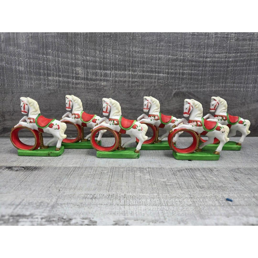 Lot of 6 Vintage Ceramic Christmas Horse Pony Carousel Napkin Rings ...