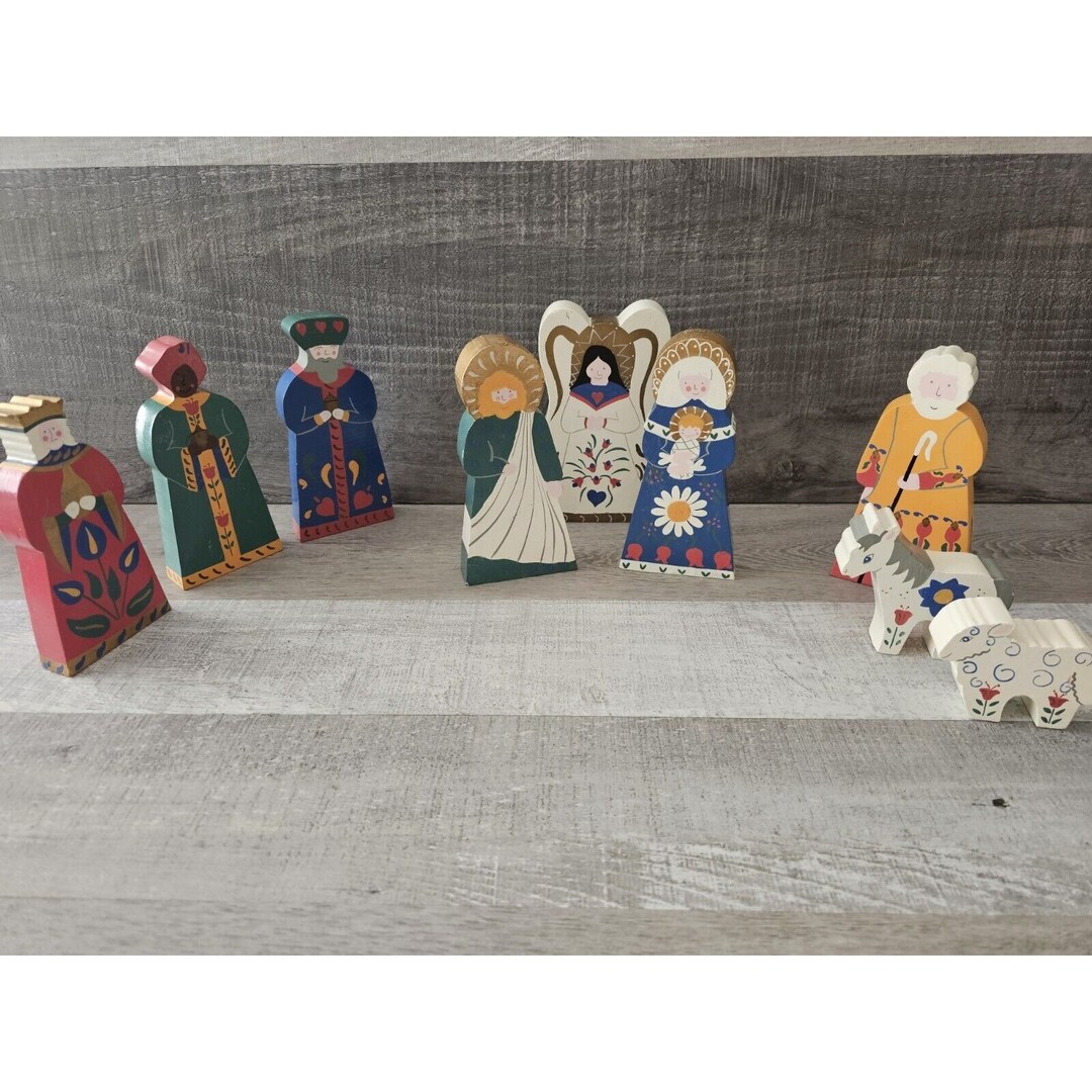 Primitive Nativity Vtg RARE Vintage Wood Folk Art Nativity Set Handpainted Wooden ...
