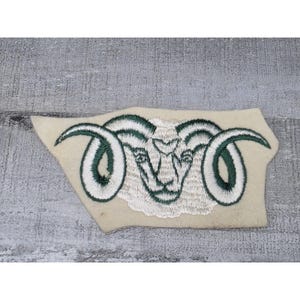 Può includere: Toppa ricamata raffigurante una testa di ariete con grandi corna ricurve. La testa dell'ariete è bianca con dettagli verdi, su uno sfondo color crema. La toppa ha una forma irregolare, probabilmente per abbigliamento o accessori.