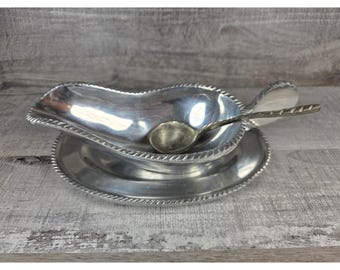 Vtg Pewter Silver Sauce Boat Gravy Dish w/ Saucer And Spoon Corded Trim b194