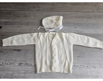 Vtg 1980s Baby Clothes Infant Unisex Knit White Sweater Bonnet Set 0-3 Months