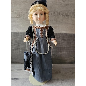 Vtg 17&quot; Porcelain Doll w Black Striped Dress Victorian Green Eyes Blonde Hair