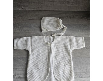 ヴィンテージ ベビー 男の子 女の子 ニット ホワイト セーター セット ボンネット ユニセックス 幼児 0-3 か月