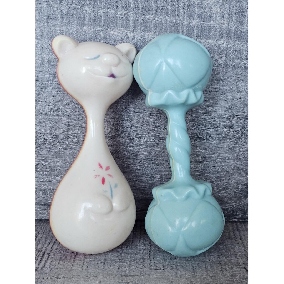 Vintage Lot of 2 Celluloid Plastic Cat Baby Rattle Toys MCM 1950s 1960s ...