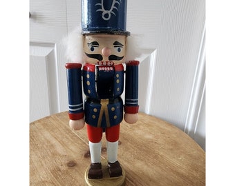 10” Soldier Nutcracker in Blue & Red Uniform Holiday Christmas Wood GUC Vintage