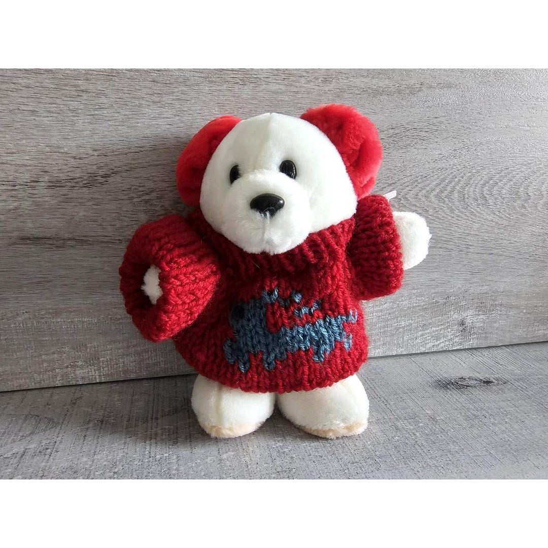 7" Vintage Bear White Teddy Bear Plush Stuffed Toy Red Handmade Sweater ...