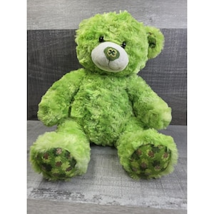 Könnte beinhalten: Ein grüner Teddybär mit hellgrünem Gesicht und einem Kleeblatt auf der Brust. Die Pfoten des Bären weisen ein Kleeblattmuster auf. Der Bär sitzt auf einer grauen Holzoberfläche.