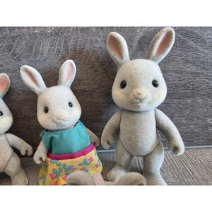 Puede incluir: Una colecci&oacute;n de figuras de conejos grises con orejas forradas de rosa. Un conejo lleva una camiseta turquesa y una falda amarilla con estampado floral. Los conejos tienen ojos negros y est&aacute;n de pie. El fondo es una superficie de madera gris.