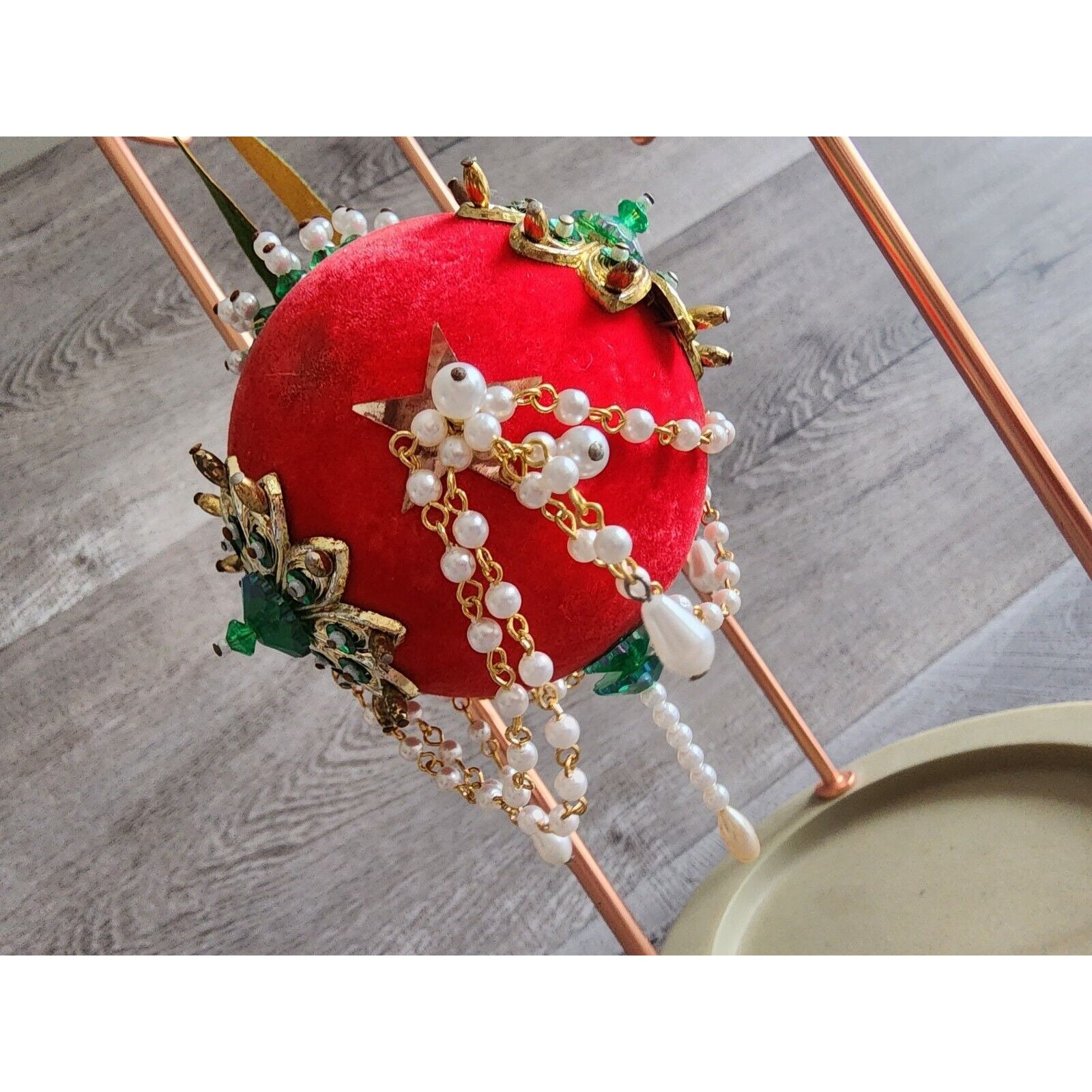 Vintage Red Velvet Ribbon Push Pin Christmas Ornament MCM 1960s