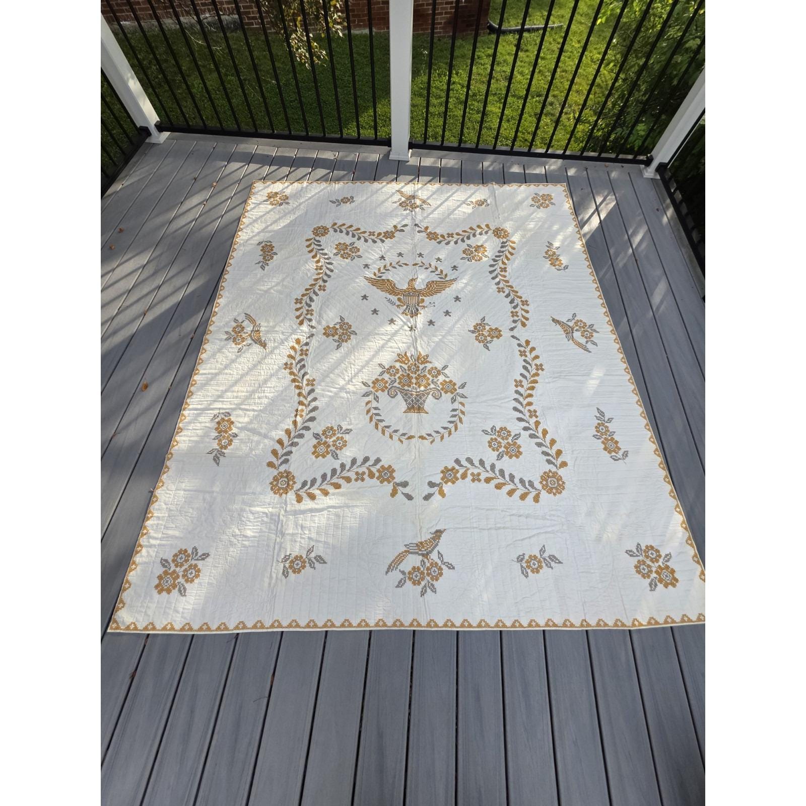 Vtg Hand Embroidered Eagle Floral Bedspread Coverlet 81x97 Colonial Folk Art b15
