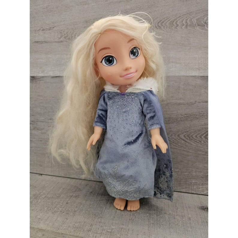 May include: A blonde haired doll wearing a blue velvet dress with a white fur trim on the hood. The dress has a snowflake pattern.