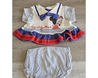Vtg Walt Disney Minnie Mouse Náutico Disney Bebés 1980s 2 Pc Vestido 0-6 Meses
