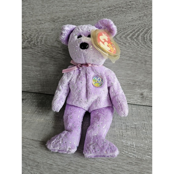 Vtg Ty Beanie Babies Decade 10th Anniversary Purple Sparkle Bear New With  Tags
