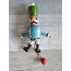 Vtg Wooden Pull String Toy Soldier Jumping Jack Ornament 5&quot; 235a