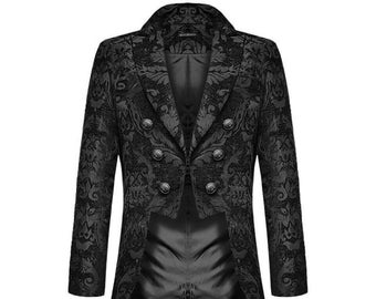 Mens Gothic Steampunk Cosplay Victorian Style Tail Jacket Black Brocade Tail Coat