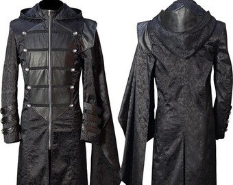 Black Stand Collar, Faux Leather Punk, Gothic, Steampunk Cape Coat With Miliyary Button Detailing