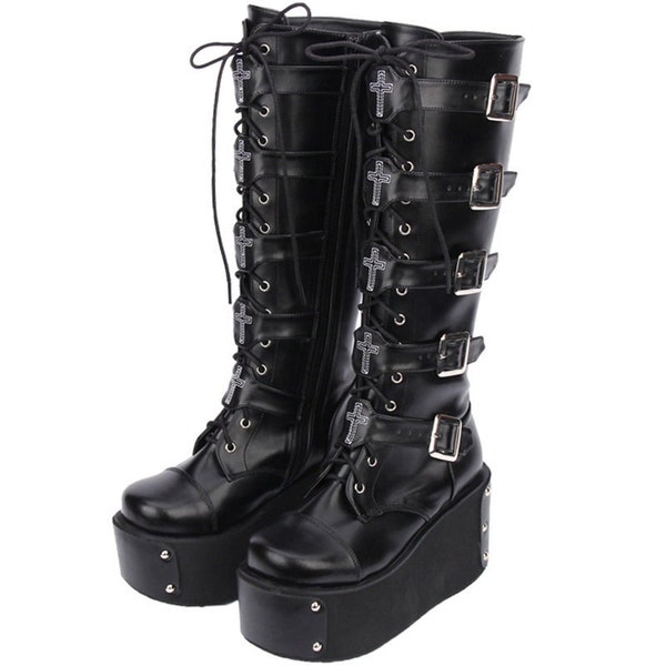 Unisex Multi Buckle, High Platform, Lace and Buckle Up, Multi Rhinestone Cross Embellishment Punk, Steampunk, Mid Leg Boots