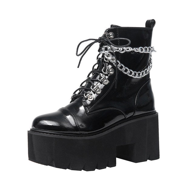 Bottes courtes de style punk à lacets pour femmes avec chaîne