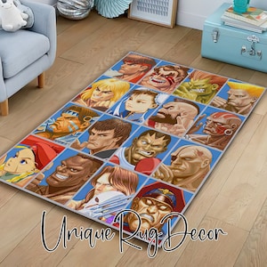 Retro Style Street Fighter Character Themed Arcade Rug, Video Game Mat, Gaming Decor