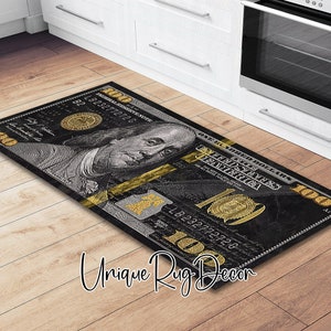 Benjamin Franklin Black and Gold 100 Dollar Bill Runner Rug