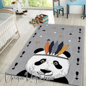 Cute Panda Printed Baby Room Rug, Toddler Mat, Custom Nursery Carpet, Play Room Rug