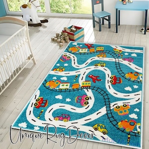 City Road Map Blue Rug for Kids, Toddler Mat, Baby Activity Mat, Nursery Carpet, Baby Boy Room Decor