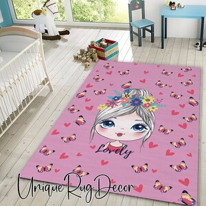 Tapis de chambre de fille de couleur rose, tapis de chambre d'enfants mignons sur le thème de fille de bande dessinée blonde, décor de pépinière