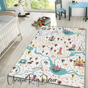 Fairy Tale City Map Themed Girl Room Rug, Cute Baby Room Decor, Fable Mat, Pink Color Nursery Carpet