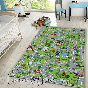 Tapete verde do mapa de estradas da cidade para quarto de crianças, tapete popular para quarto de bebê, tapete para crianças, tapete para sala de jogos
