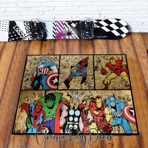 Marvel Superhero Comic Pattern Tappeto Antiscivolo Cartone Animato per Camera Adolescente, Tappeto Super Eroe Retrò, Spiderman, Capitan America, Hulk Décor