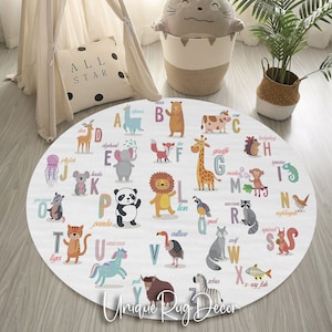 Alfombra del alfabeto del zoológico de animales del bebé, alfombra ABC, alfombra redonda antideslizante, decoración de la habitación de los niños, alfombra para niños pequeños