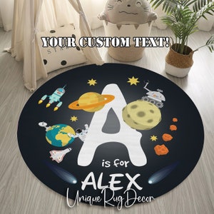 Space Theme Custom Children Room Rug, Personalized Initial Carpet, Custom Round Rug, Kids Nursery Carpet, Galaxy, Planet